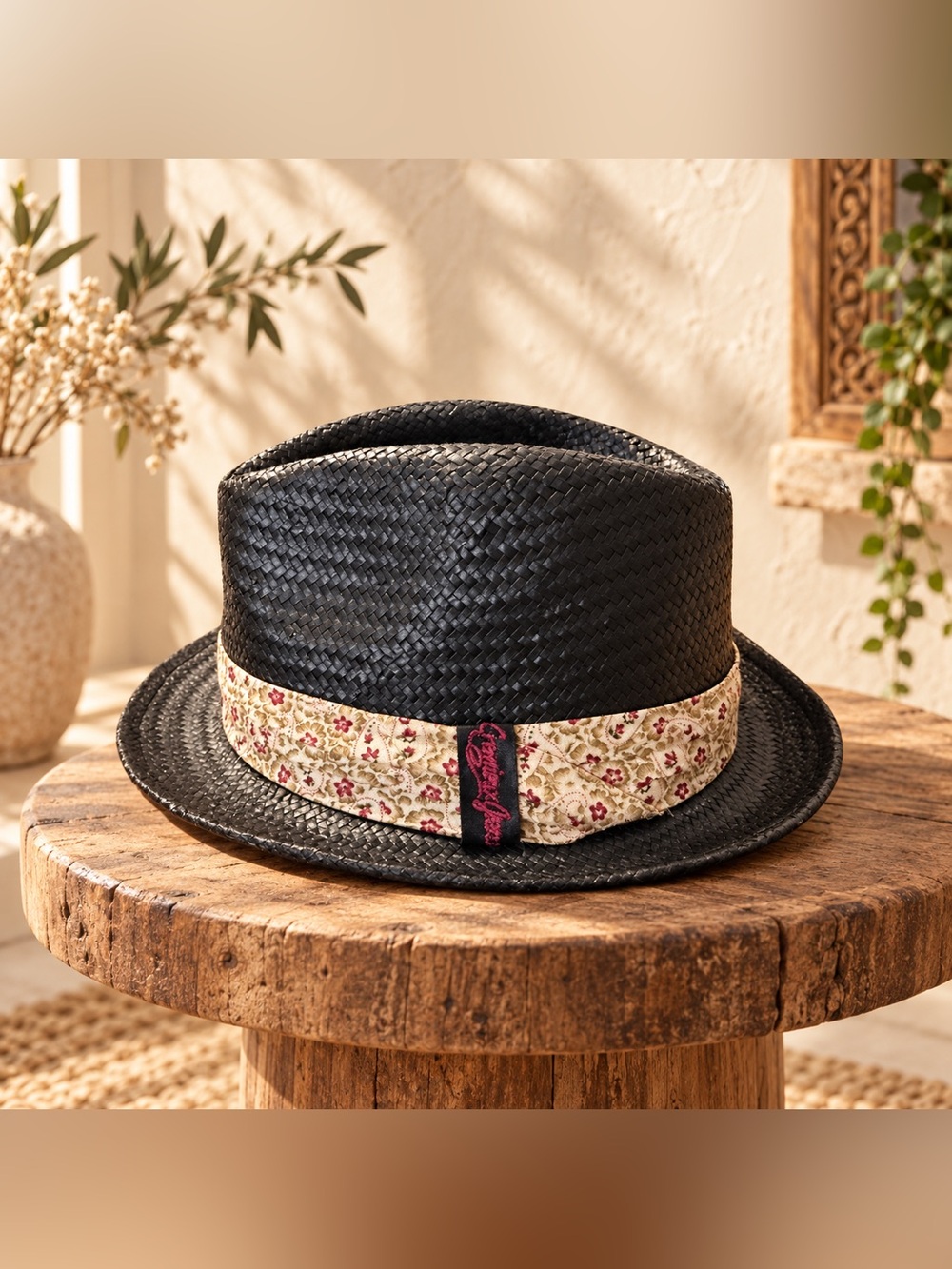 Daniel Cremieux Black Paper Straw Fedora Hat Floral Band Size M